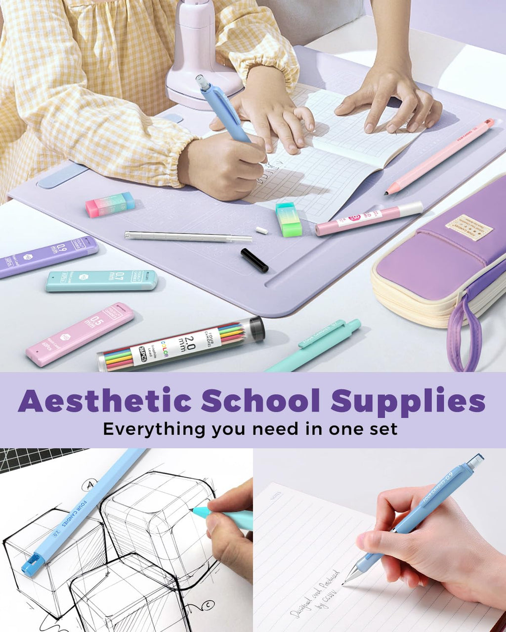 Four Candies 36PCS Aesthetic Supplies, Mechanical Pencil Set 0.5mm, 0.7mm, 0.9mm & 2.0mm with 624 Lead Refills, for Writing & Drawing, Ideal Stationary Set Gift (Purple