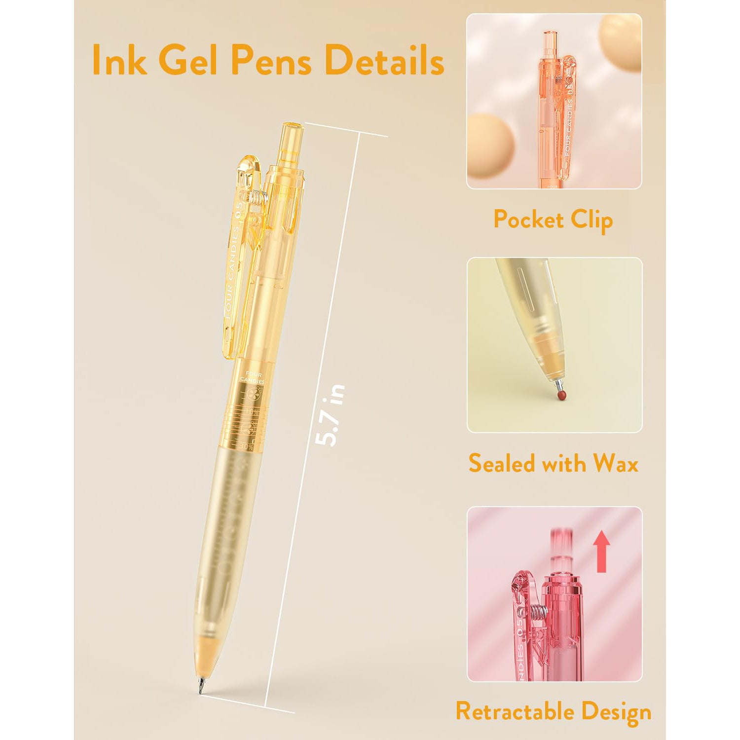 Four Candies 12Pack 0.5mm Black Ink Quick Dry Retractable Gel Pen Set, Cute Transparent Pastel Fine Point Note Taking Aesthetic lnk Pens, Comfort Grip Drawing Writing Office Home (Black)