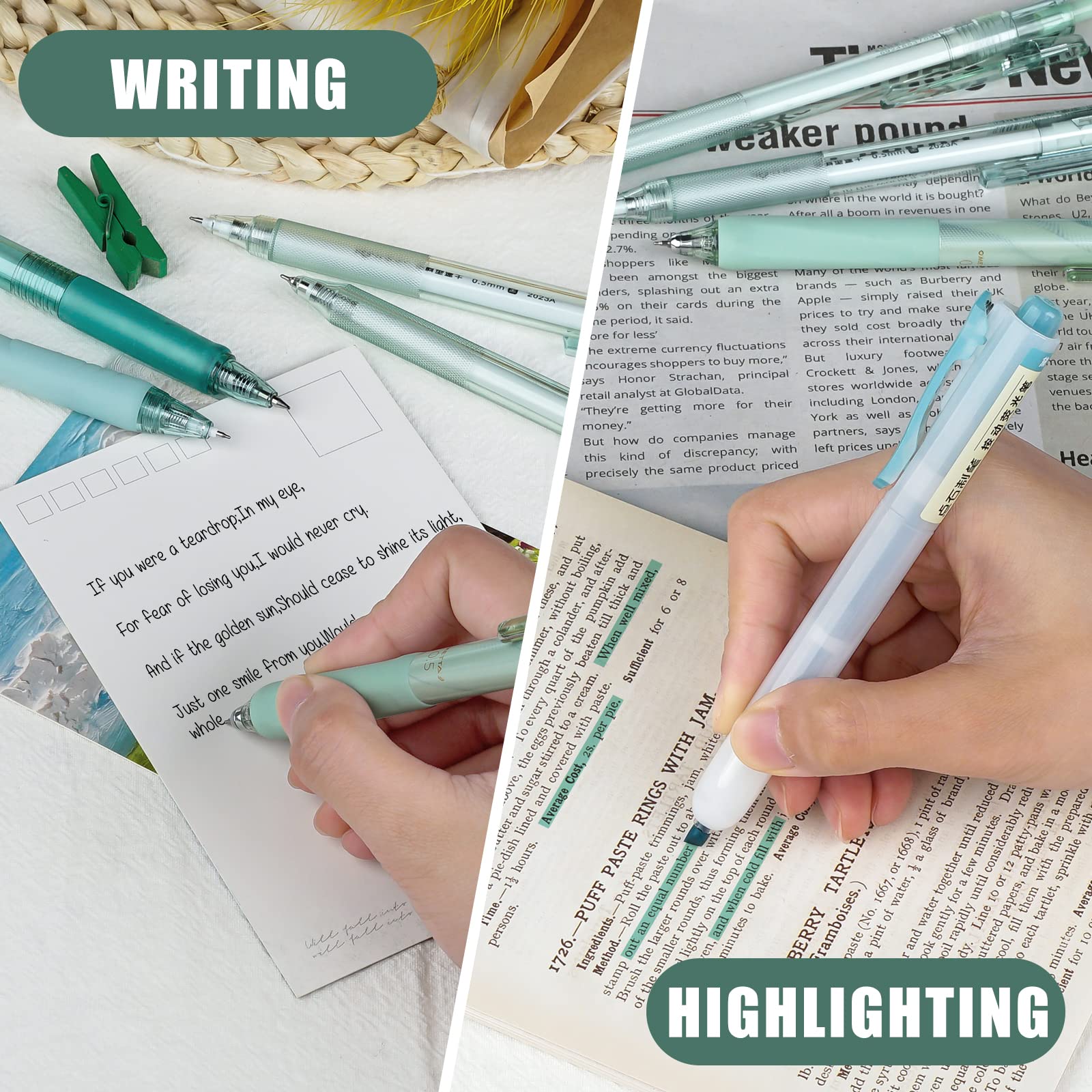 Four Candies 12Pack Pastel Gel Ink Pen Set, 11 Pack Black Ink Pens with 1Pack Highlighter (Green)