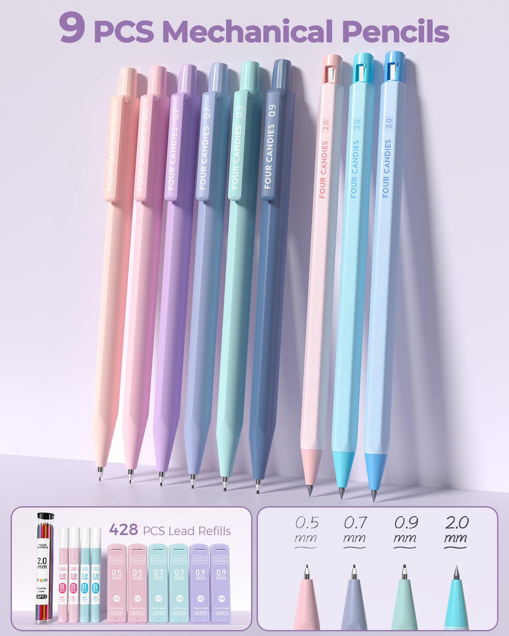 Four Candies 56 PCS Aesthetic Supplies with Pencil Case, 6 Multicolor Pen, 12 Pastel Highlighters, 5 Gel Pens Black Ink, 9 Mechanical Pencils for Stationary Set Preppy Stuff (Purple)