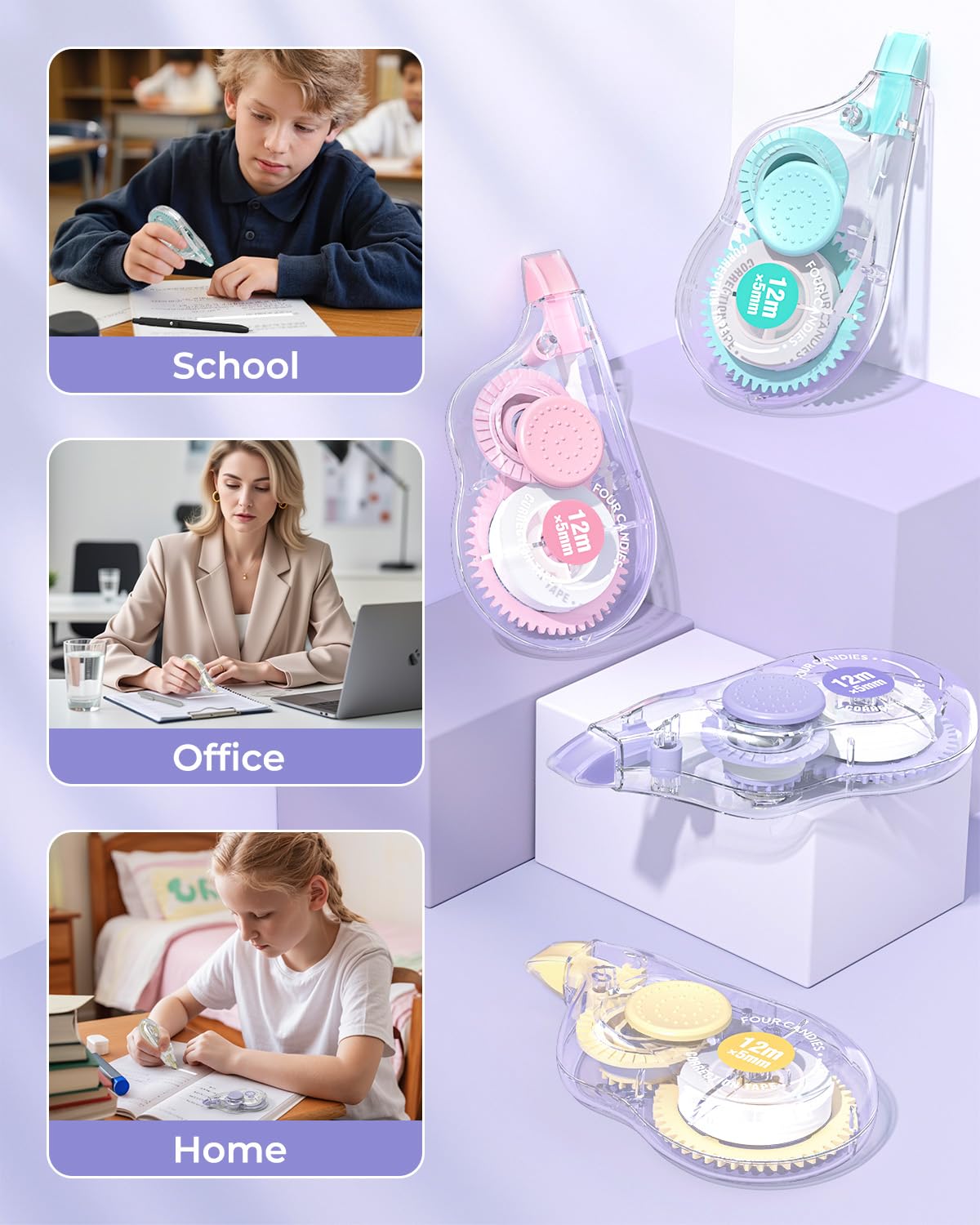 Four Candies White Correction Tape, 39.4 Feet, 8 Pack Easy to Use Applicator for Instant Corrections, Tear-Resistant, Smooth & Quick-Drying Tape