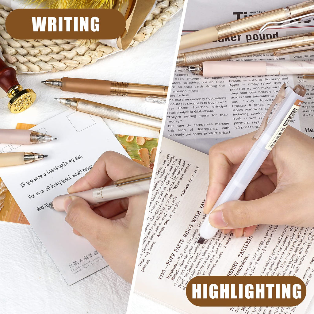 Four Candies Retractable Pen Set, 11Pcs Black Ink Gel Pens(0.5mm), 1Pcs Highlighter, 0.5mm Fine Point for Journaling, Writing and Note-Taking(Brown)