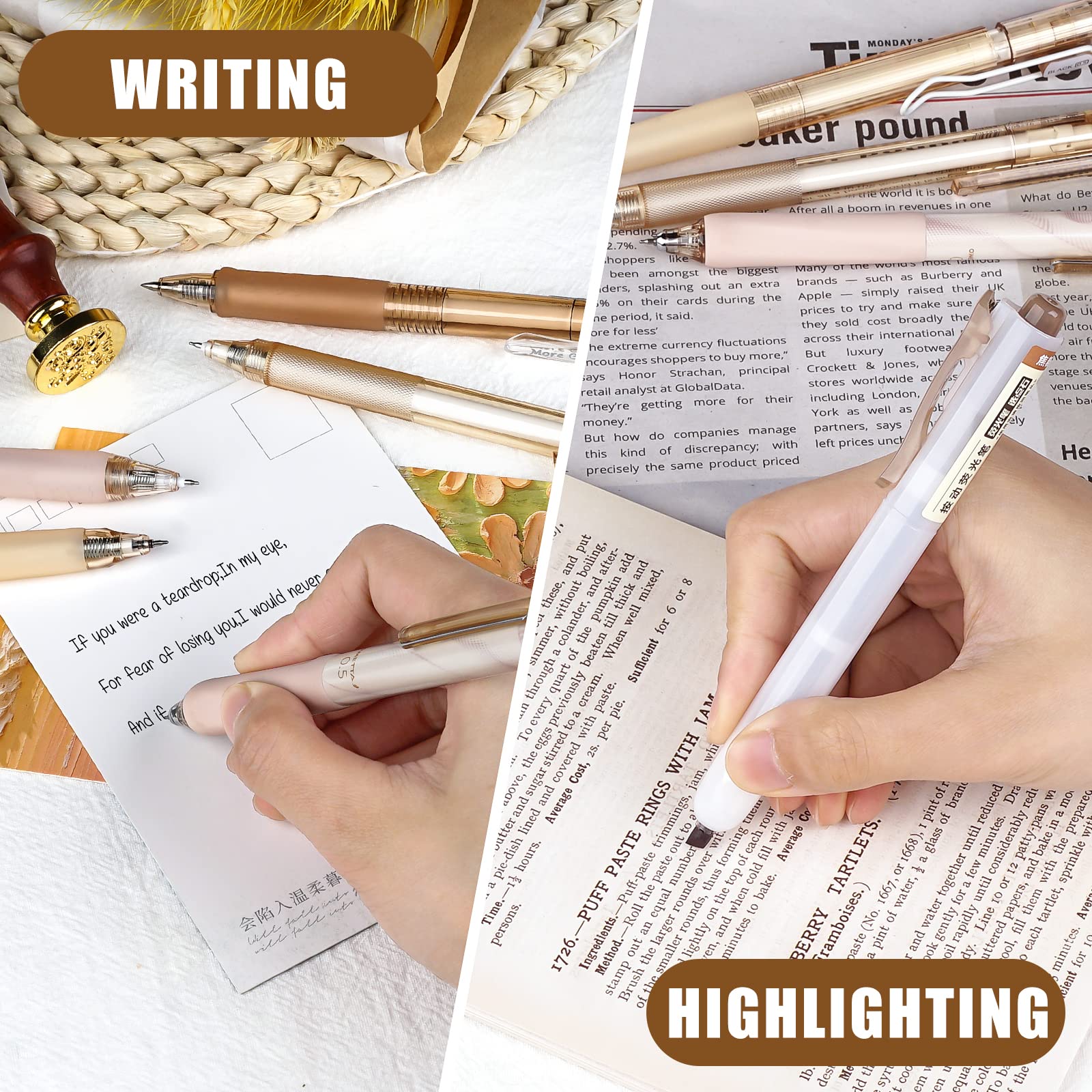 Four Candies Retractable Pen Set, 11Pcs Black Ink Gel Pens(0.5mm), 1Pcs Highlighter, 0.5mm Fine Point for Journaling, Writing and Note-Taking(Brown)