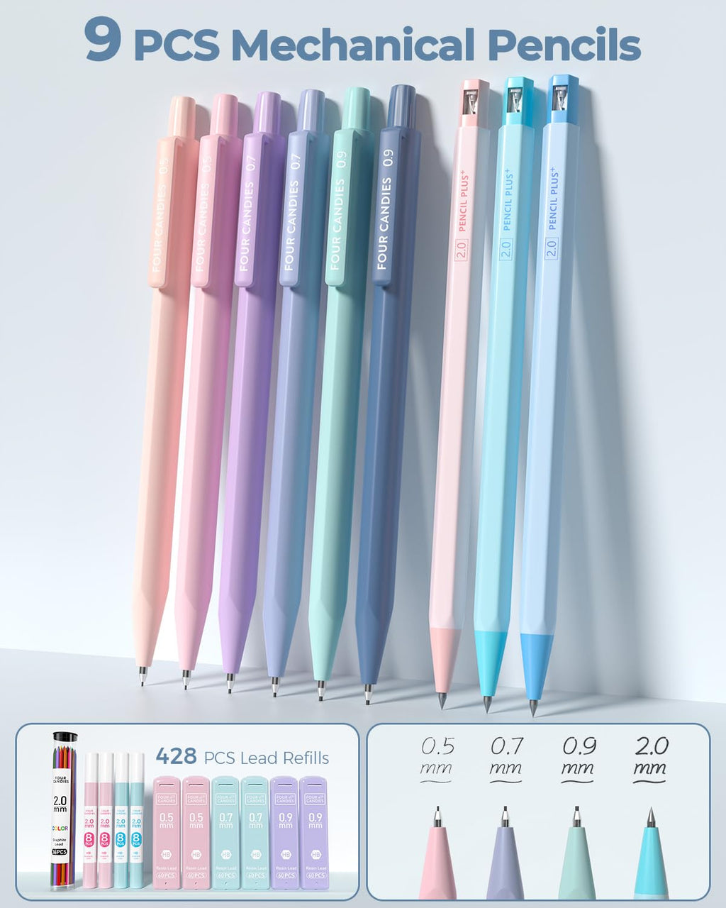 Four Candies 56 PCS Aesthetic Supplies with Cute Pencil Case, 6 Multicolor Pen, 12 Pastel Highlighters, 5 Gel Pens Black Ink, 9 Mechanical Pencils for Stationary Set Preppy Stuff (Blue)