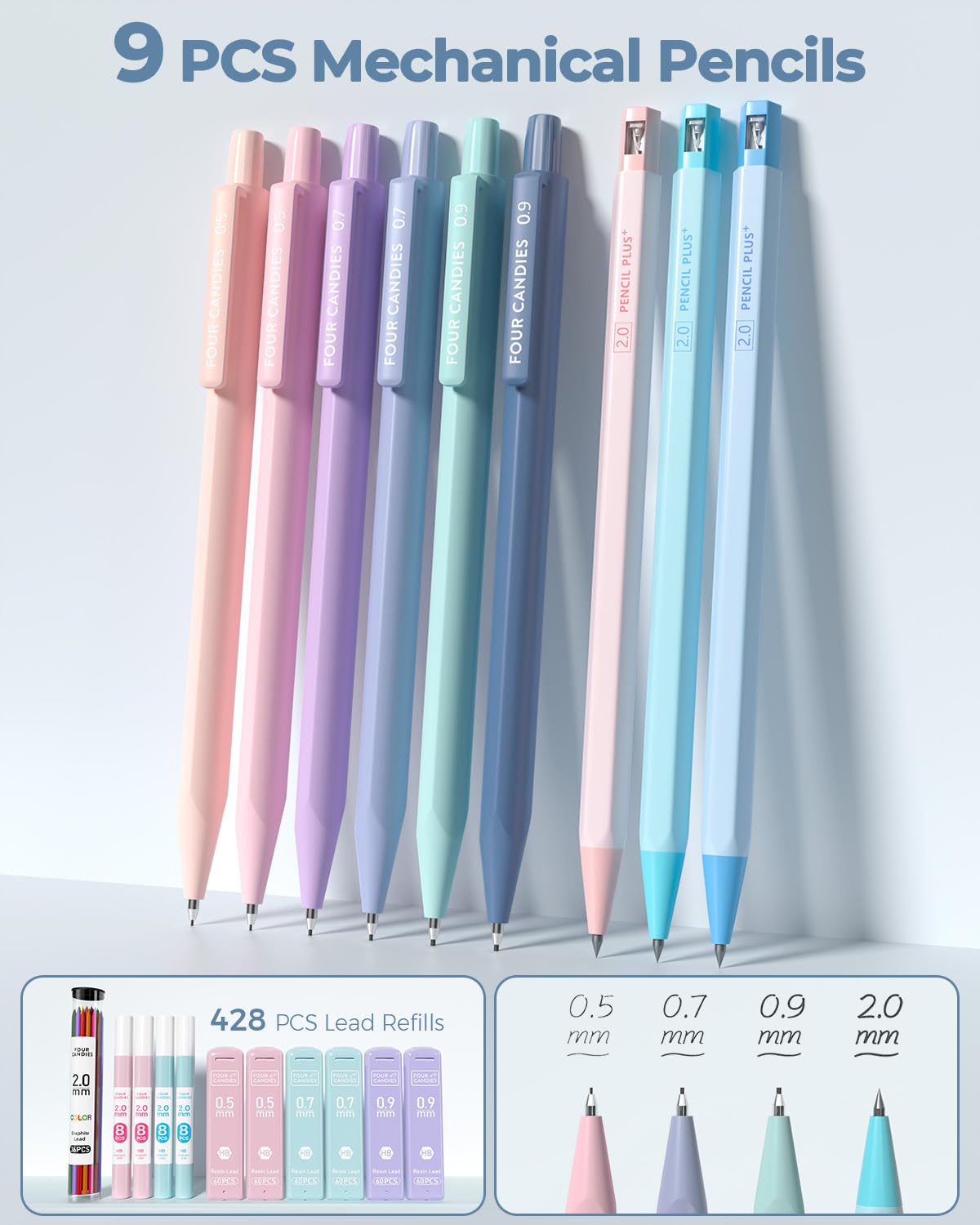 Four Candies 56 PCS Aesthetic Supplies with Cute Pencil Case, 6 Multicolor Pen, 12 Pastel Highlighters, 5 Gel Pens Black Ink, 9 Mechanical Pencils for Stationary Set Preppy Stuff (Blue)