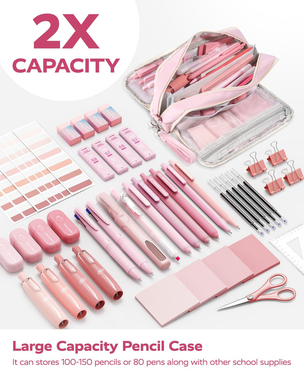 Four Candies Aesthetic Supplies, 4 Gel Pens with Black Ink, 4 Correction Tapes, 2 Pastel Highlighters, 2 Mechanical Pencils, Sticky Notes, Index Post for Bible Study Supplies with Case Pink