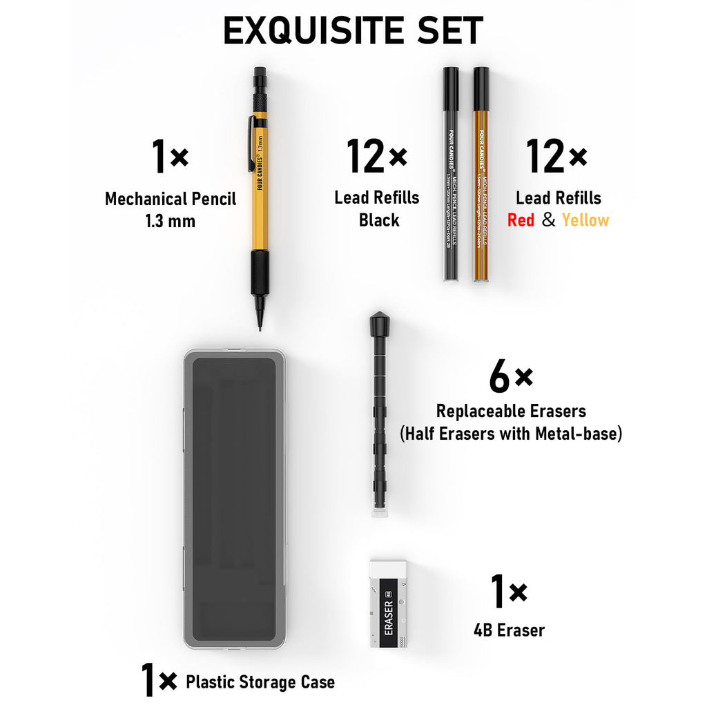 Four Candies 1.3mm Mechanical Pencil Set with 24 Lead Refills, Metal Weatherproof Heavy Duty Outdoor Carpenter Pencil, Eraser, 6 Eraser Refills for Architect Drafting Woodworking Marking with Case
