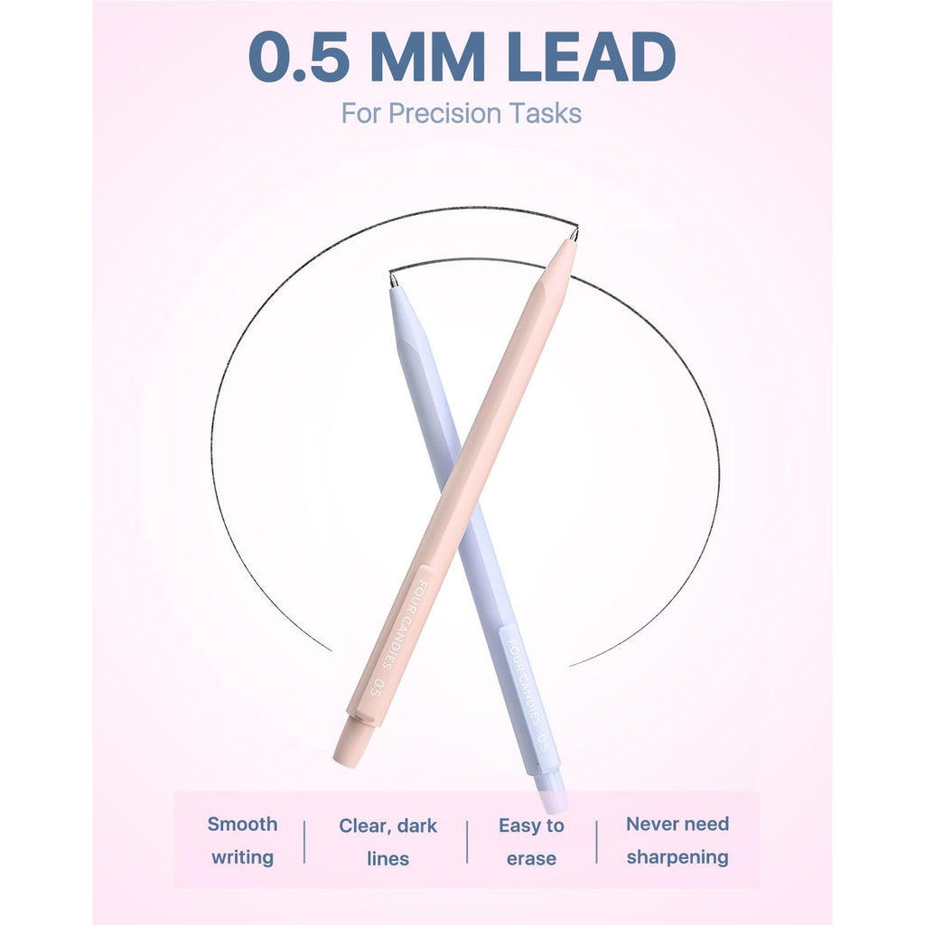 Four Candies Mechanical Pencils 0.5, with HB & 2B Lead Refills 0.5mm, Pastel Eraser Set & Eraser Refills, 16-Count Pack with Case for Writing, Drawing and Drafting