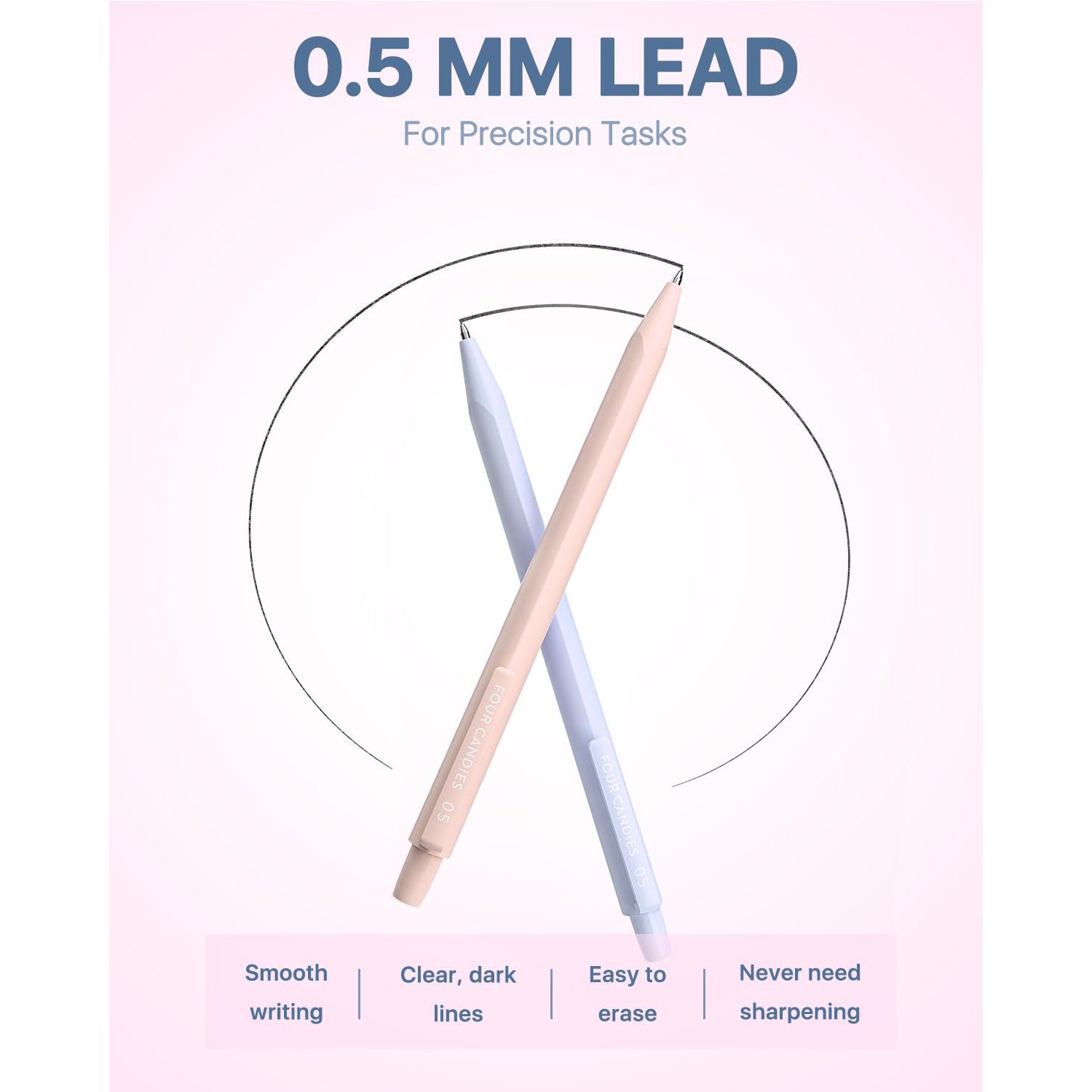 Four Candies Mechanical Pencils 0.5, with HB & 2B Lead Refills 0.5mm, Pastel Eraser Set & Eraser Refills, 16-Count Pack with Case for Writing, Drawing and Drafting