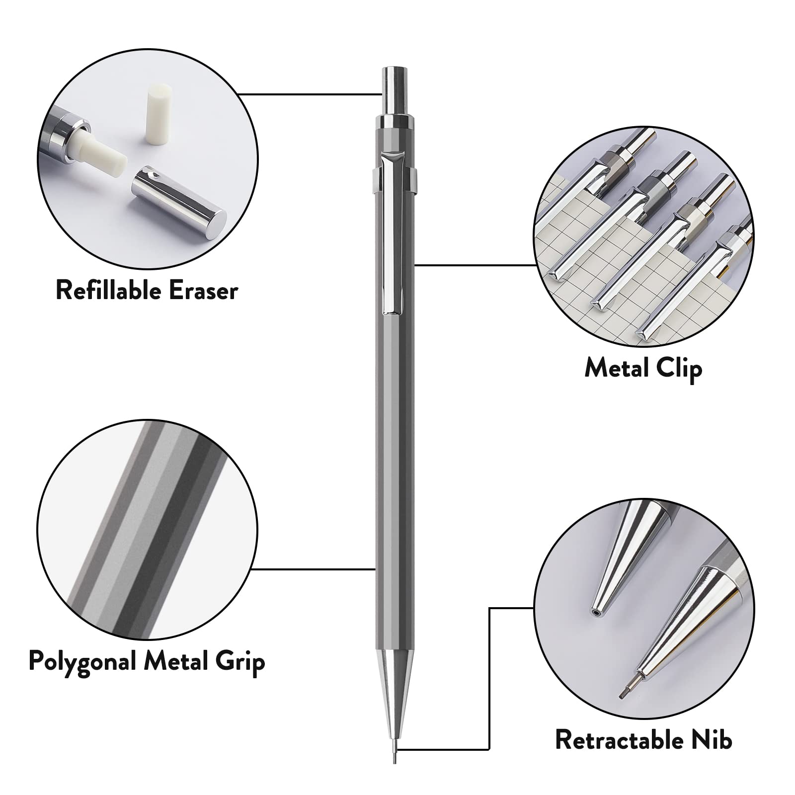 Four Candies 4PCS Metal Mechanical Pencil 0.5mm, 480PCS Lead Refills, 3PCS Erasers, 9PCS Eraser Refills, Lead Mechanical Pencils for Writing, Drawing