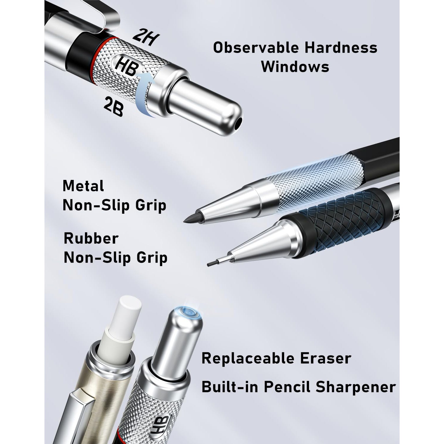 Four Candies Metal Mechanical Pencil Set, 6PCS Artist Metal Pencil 0.5, 0.7, 0.9, 2mm, Refills, Kneaded Eraser, Sharpener, Combo Set