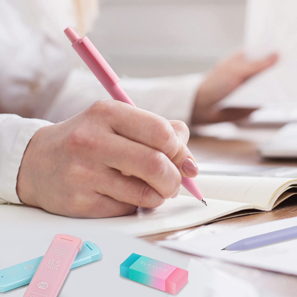 Four Candies 6PCS Cute Mechanical Pencils 0.5mm & 0.7mm & 0.9mm with Leads, Erasers and Eraser Refills