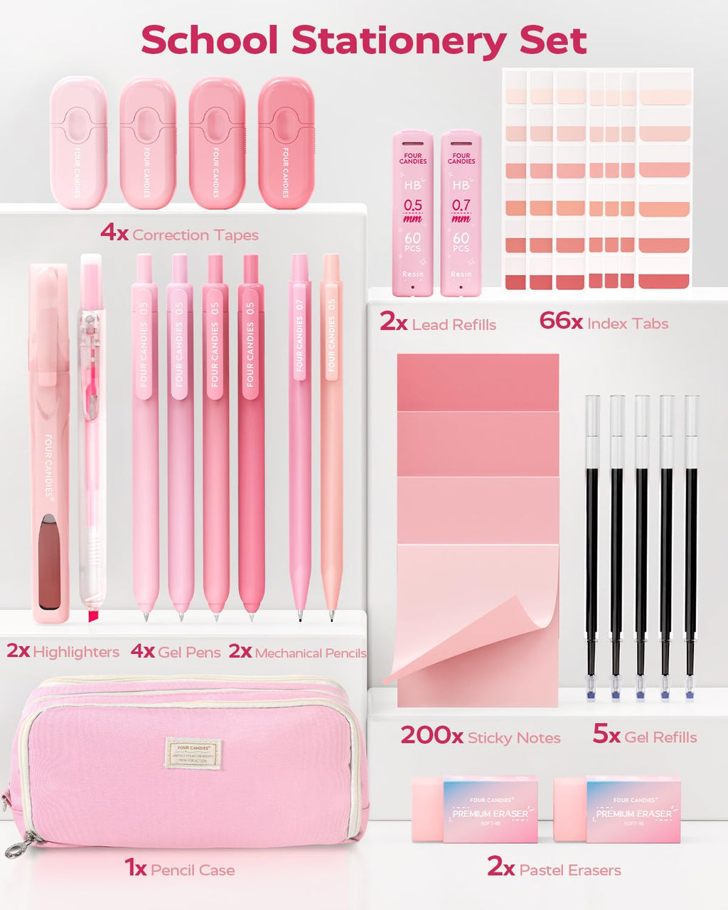 Four Candies Aesthetic Supplies, 4 Gel Pens with Black Ink, 4 Correction Tapes, 2 Pastel Highlighters, 2 Mechanical Pencils, Sticky Notes, Index Post for Bible Study Supplies with Case Pink