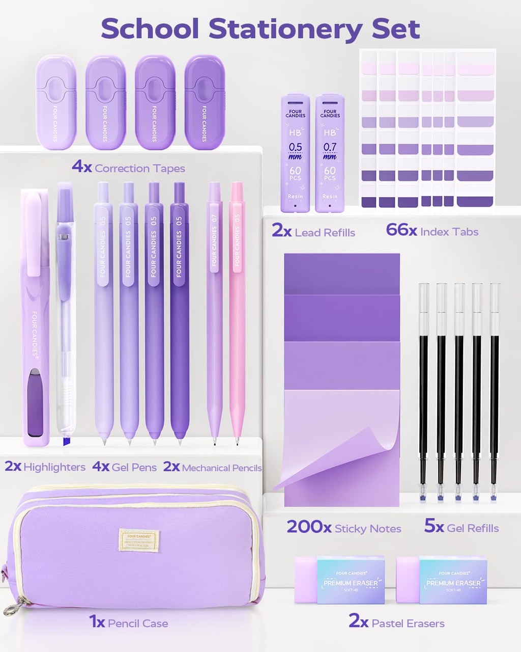 Four Candies Aesthetic Supplies, 4 Gel Pens with Black Ink, 4 Correction Tapes, 2 Pastel Highlighters, 2 Mechanical Pencils, Sticky Notes, Index Post for Bible Supplies with Case Purple