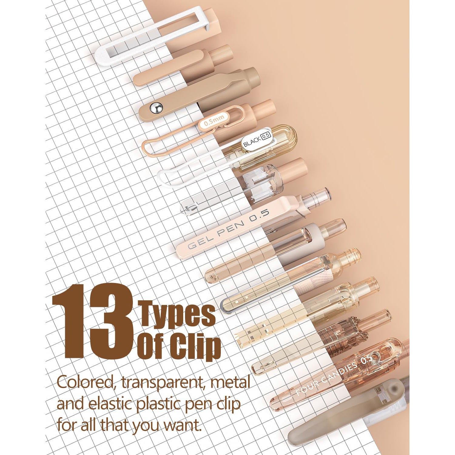 Four Candies 14Pack Pastel Gel Ink Pen Set with 12 PCS Cute Retractable 0.5mm Fine Point Pens with 2Pack Highlighter, Smooth Writing Pens (Brown)