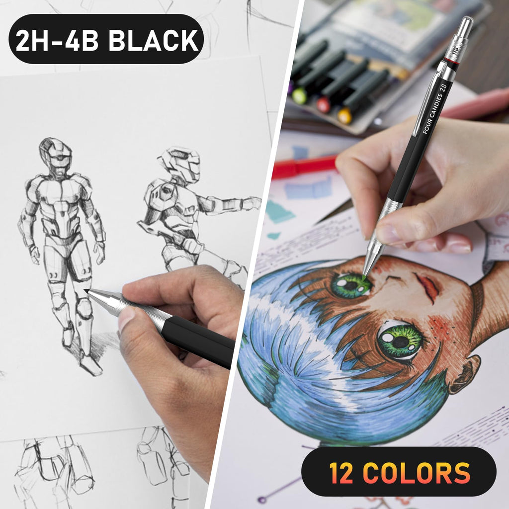 Four Candies 3PCS 2MM Mechanical Pencils with Case, Artist Lead Pencil Metal Lead Holder with Graphite Lead Refills, 4 Erasers, Sharpener, Drafting Pencil for Drawing, Sketching