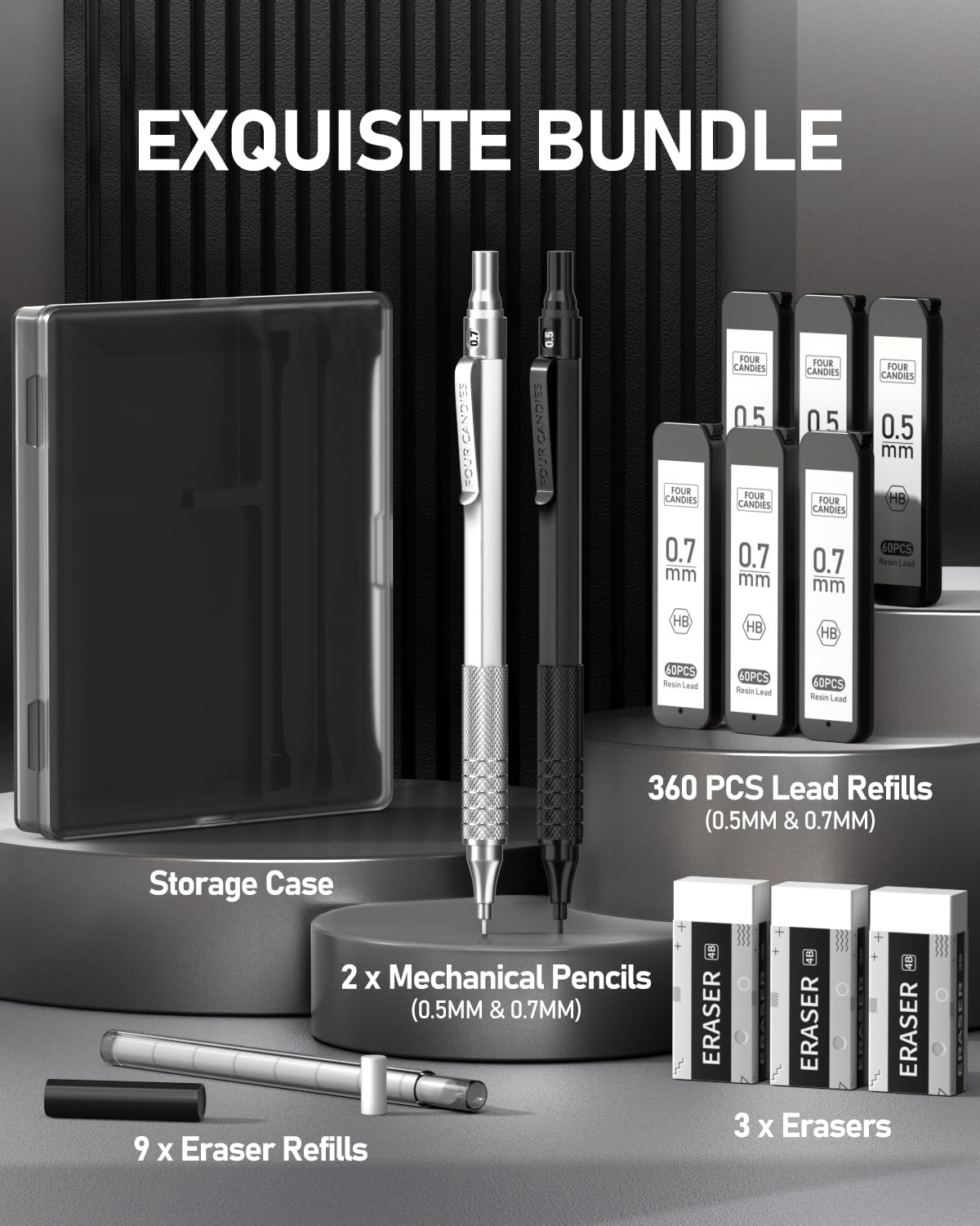 Four Candies 2PCS Metal Mechanical Pencils Set(0.5mm & 0.7 mm) with 6 Tubes (360PCS) HB Lead Refills, 3 Erasers,9 Eraser Refills, Black&Sliver