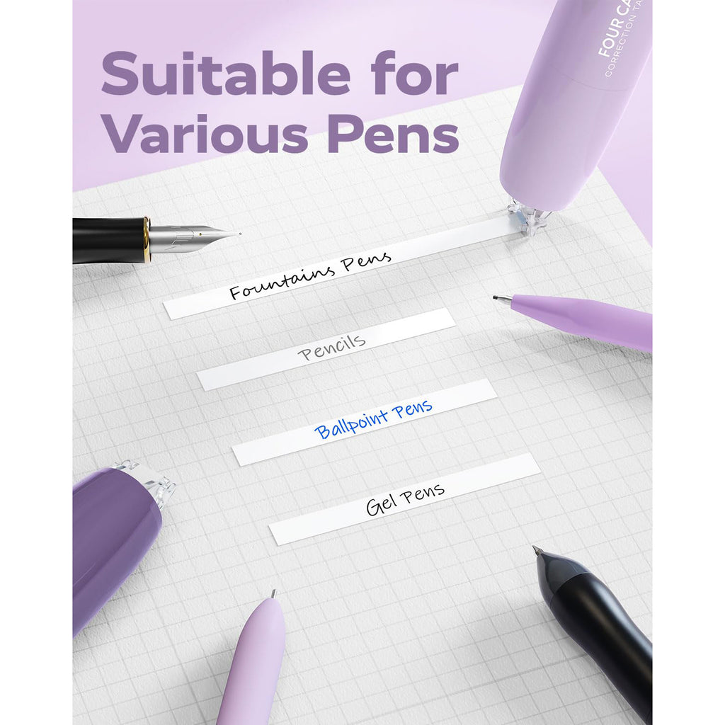 Four Candies 6MM Retractable White Correction Tape, 4PCS White Smooth Pull Out Correction Tape with 4 Extra Refills,Tear-Resistant Tape Pen & Quick Drying (Purple)