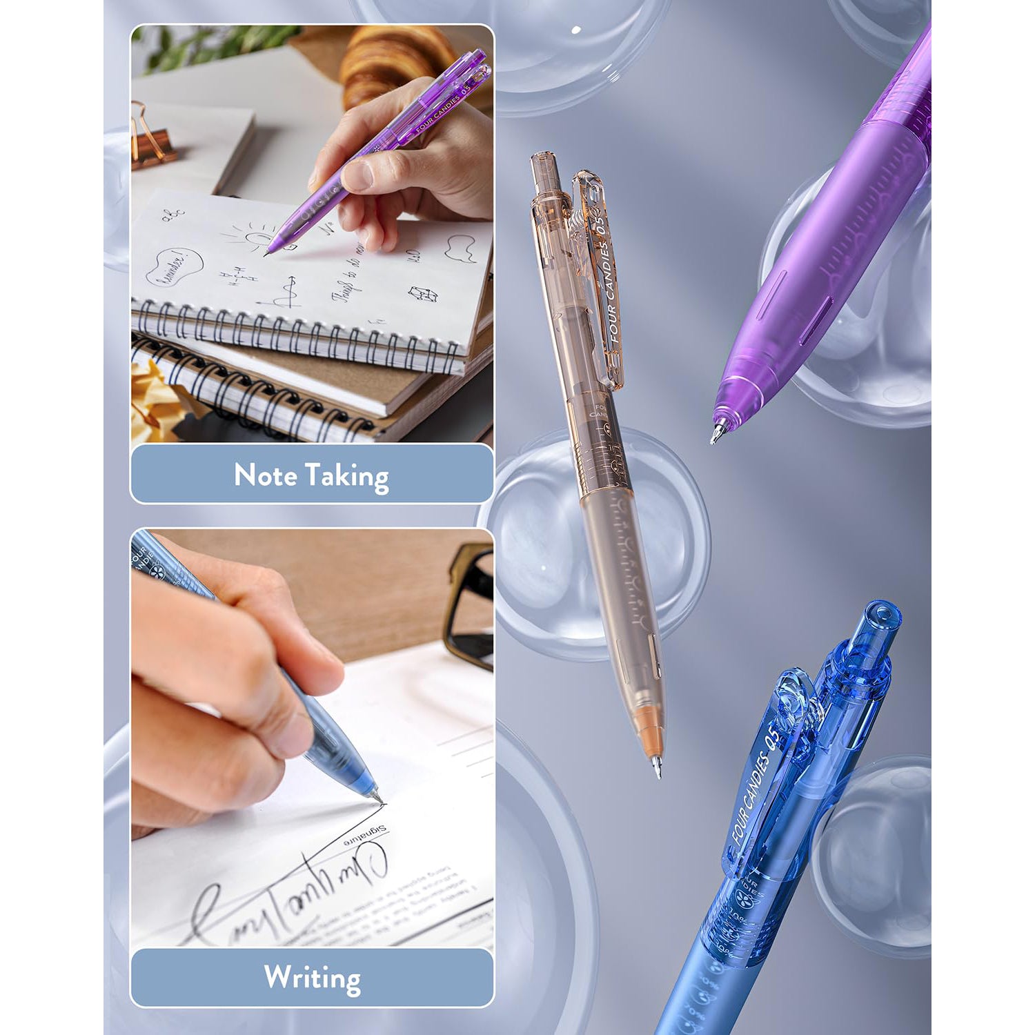 Four Candies 12Pack 0.5mm Black Ink Quick Dry Retractable Gel Pen Set, Cute Transparent Pastel Fine Point Note Taking Aesthetic lnk Pens, Comfort Grip Drawing Writing Office Home (Black)