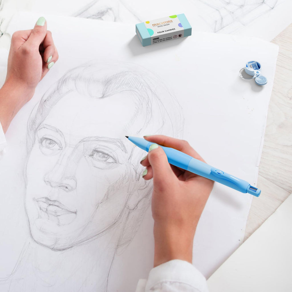 Four Candies 4PCS Cute Mechanical Pencil Set, 2.0mm Ergonomic Mechanical Pencil with 44PCS HB Pencil Leads, 2PCS Sharpeners/Erasers, for Writing and Drawing