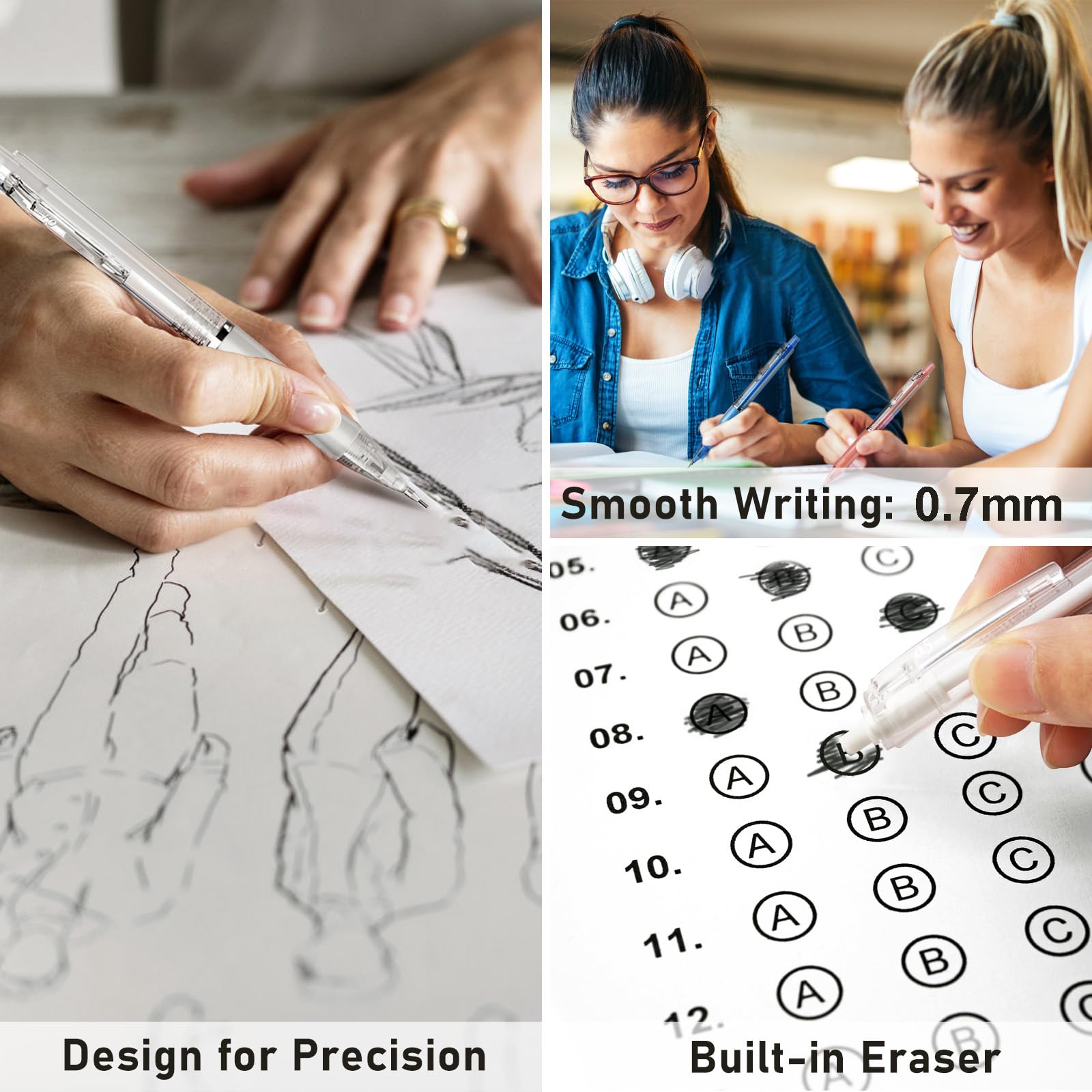 Four Candies 3PCS Clear Mechanical Pencils Set, 0.7mm Pastel Mechanical Pencils with 360PCS HB Lead Refills, 3PCS Erasers, 9PCS Eraser Refills for Writing