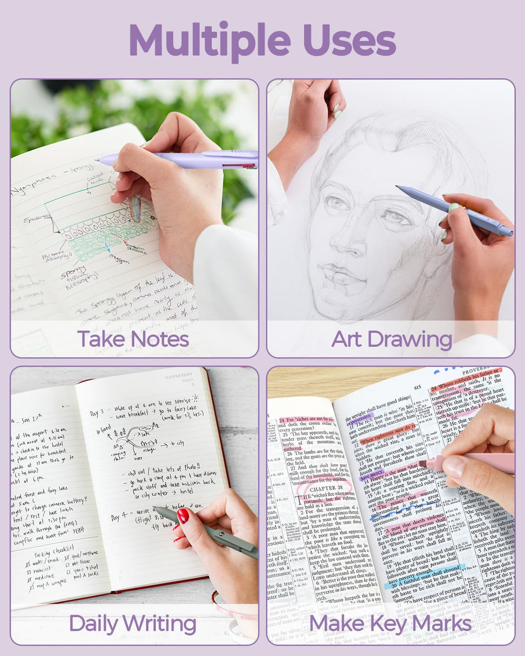 Four Candies 56 PCS Aesthetic Supplies with Pencil Case, 6 Multicolor Pen, 12 Pastel Highlighters, 5 Gel Pens Black Ink, 9 Mechanical Pencils for Stationary Set Preppy Stuff (Purple)