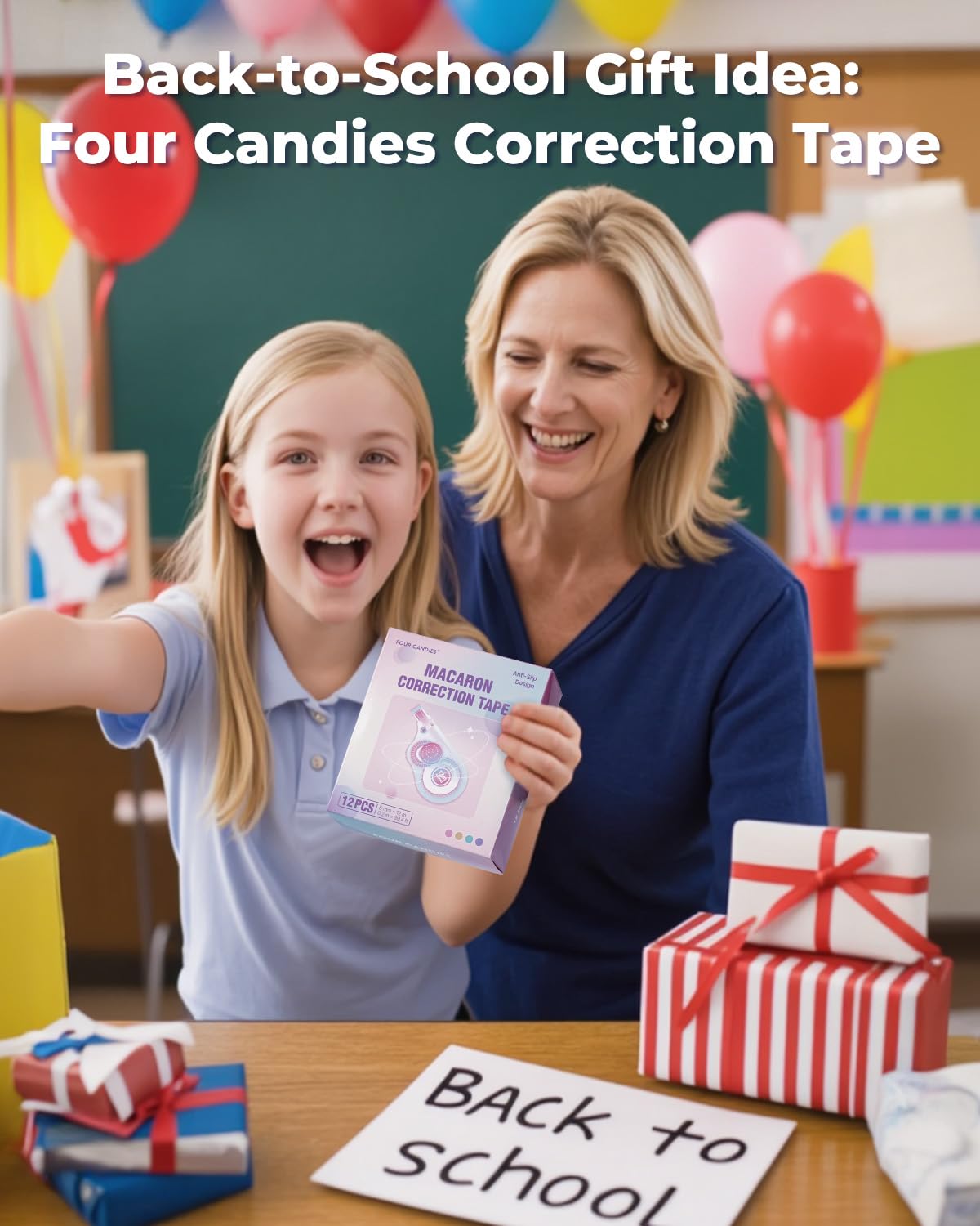 Four Candies White Correction Tape, 39.4 Feet, 8 Pack Easy to Use Applicator for Instant Corrections, Tear-Resistant, Smooth & Quick-Drying Tape