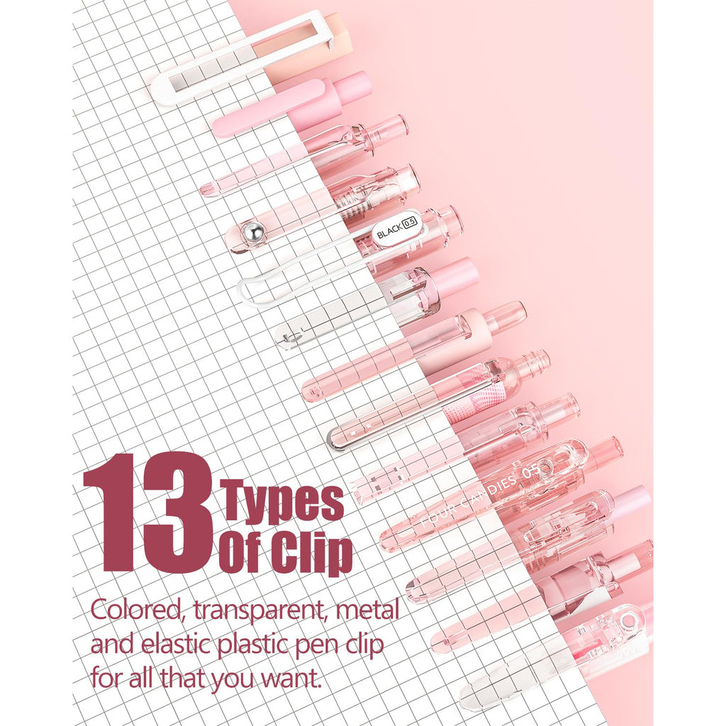 Four Candies 14Pack Pastel Gel Ink Pen Set,Cute Retractable 0.5mm Fine Point Pen,12 Pack Black Ink Pens with 2Pack Highlighter, Smooth Writing Pens(Pink)