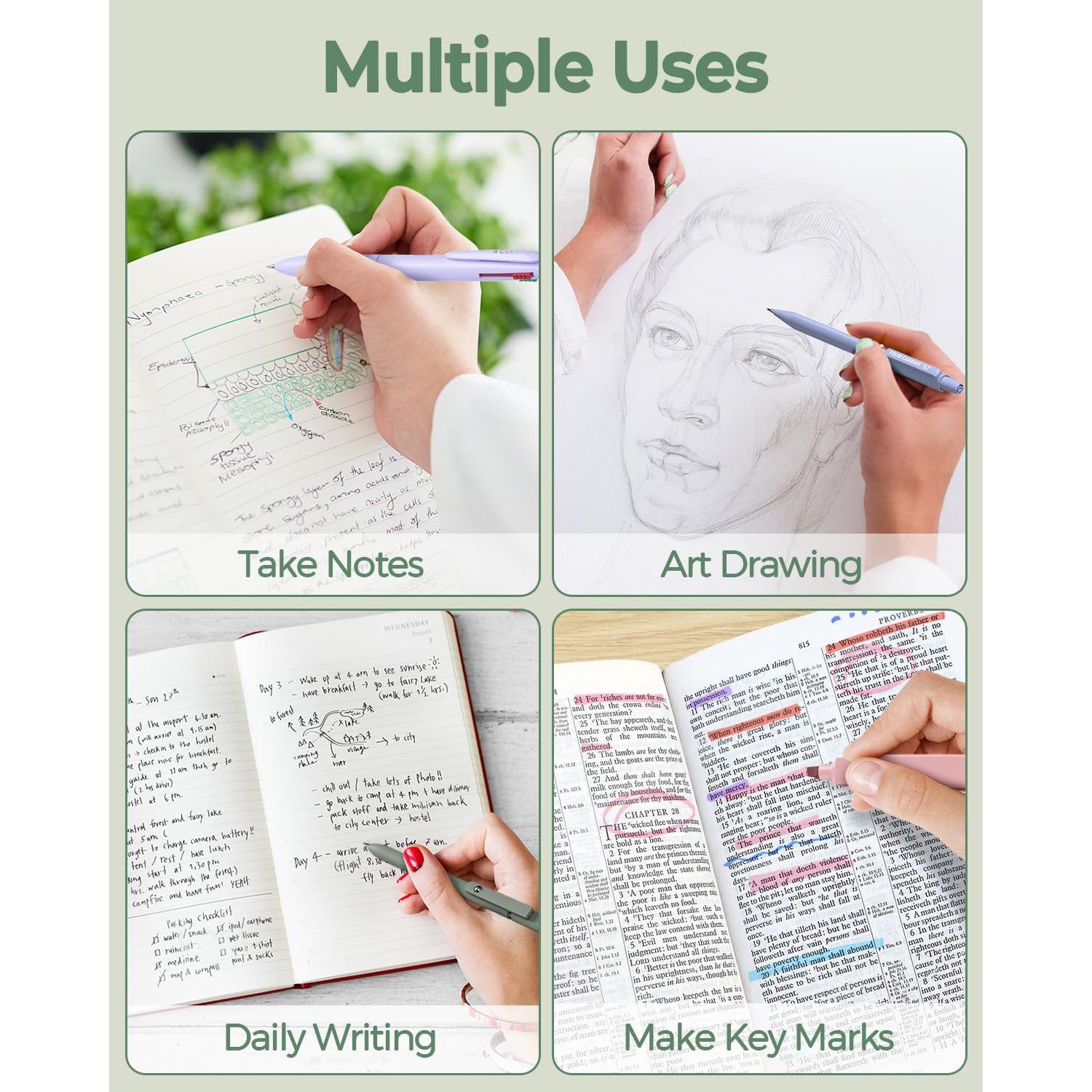 Four Candies 56 PCS Aesthetic Supplies with Large Pencil Case, 6 Colored Ballpoint Pens, 12 Pastel Highlighters, 5 Black Ink Gel Pens, 9 Mechanical Pencils 0.5-2.0mm Essentials (Green)