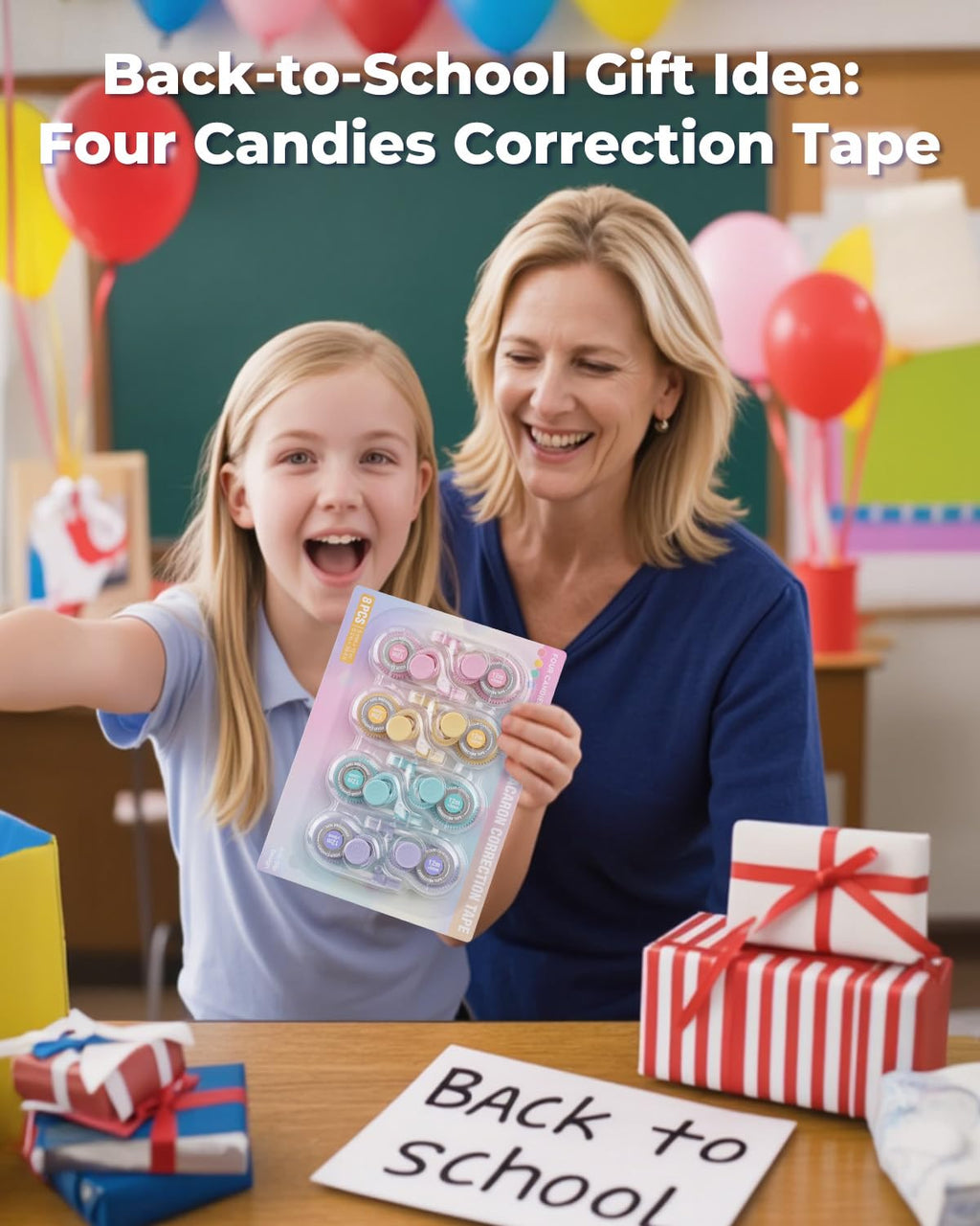 Four Candies White Correction Tape, 39.4 Feet, 8 Pack Easy to Use Applicator for Instant Corrections, Tear-Resistant, Smooth & Quick-Drying Tape