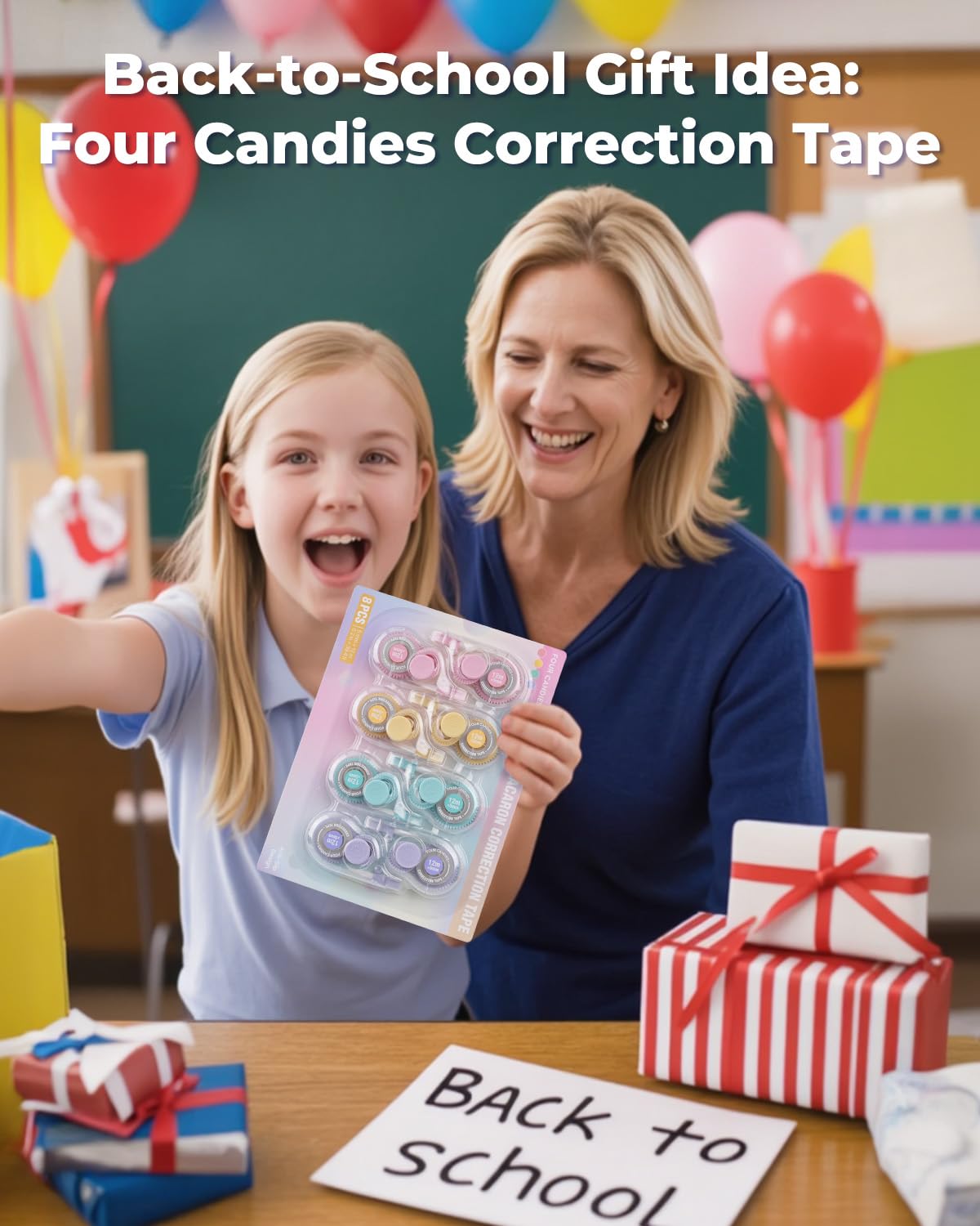 Four Candies White Correction Tape, 39.4 Feet, 8 Pack Easy to Use Applicator for Instant Corrections, Tear-Resistant, Smooth & Quick-Drying Tape