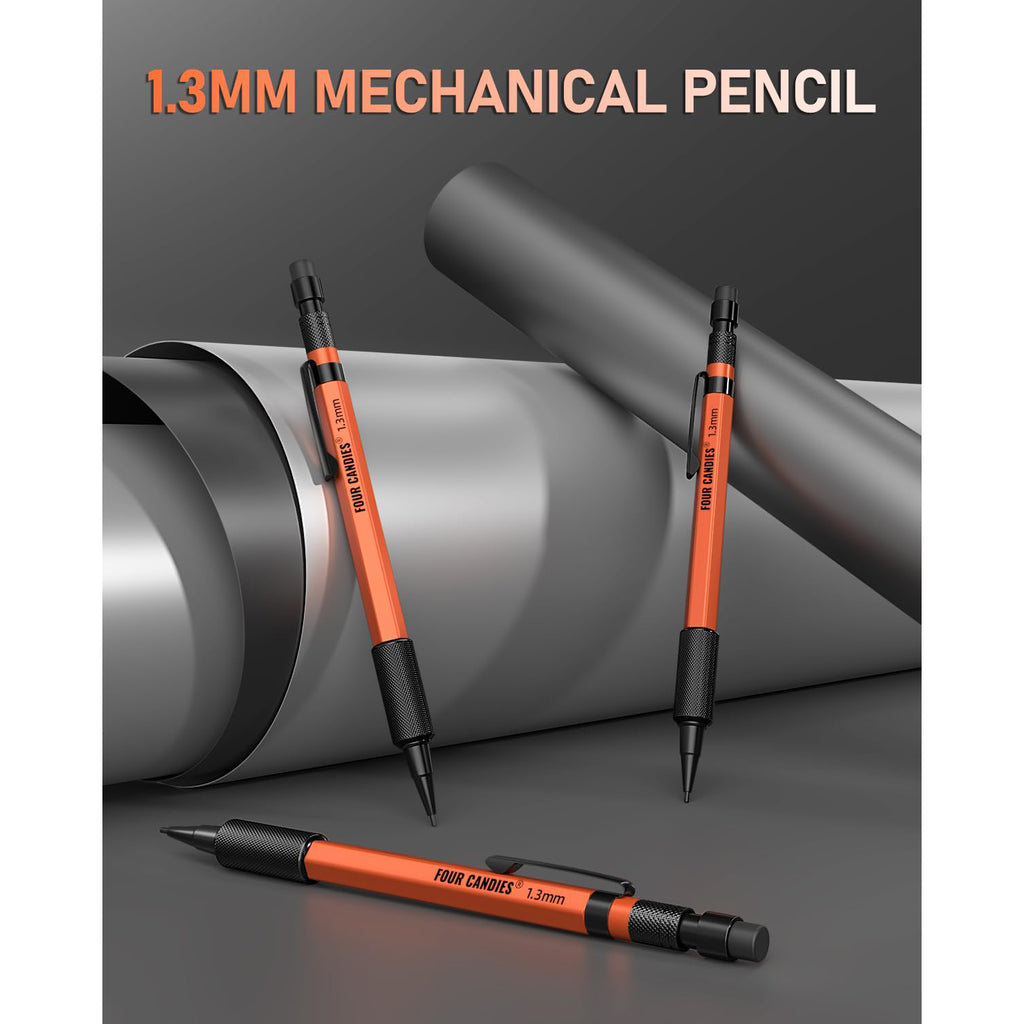 Four Candies 3PCS 1.3mm Mechanical Pencil Set with Case, Metal Heavy Duty Carpenter Pencils with 48 Refill