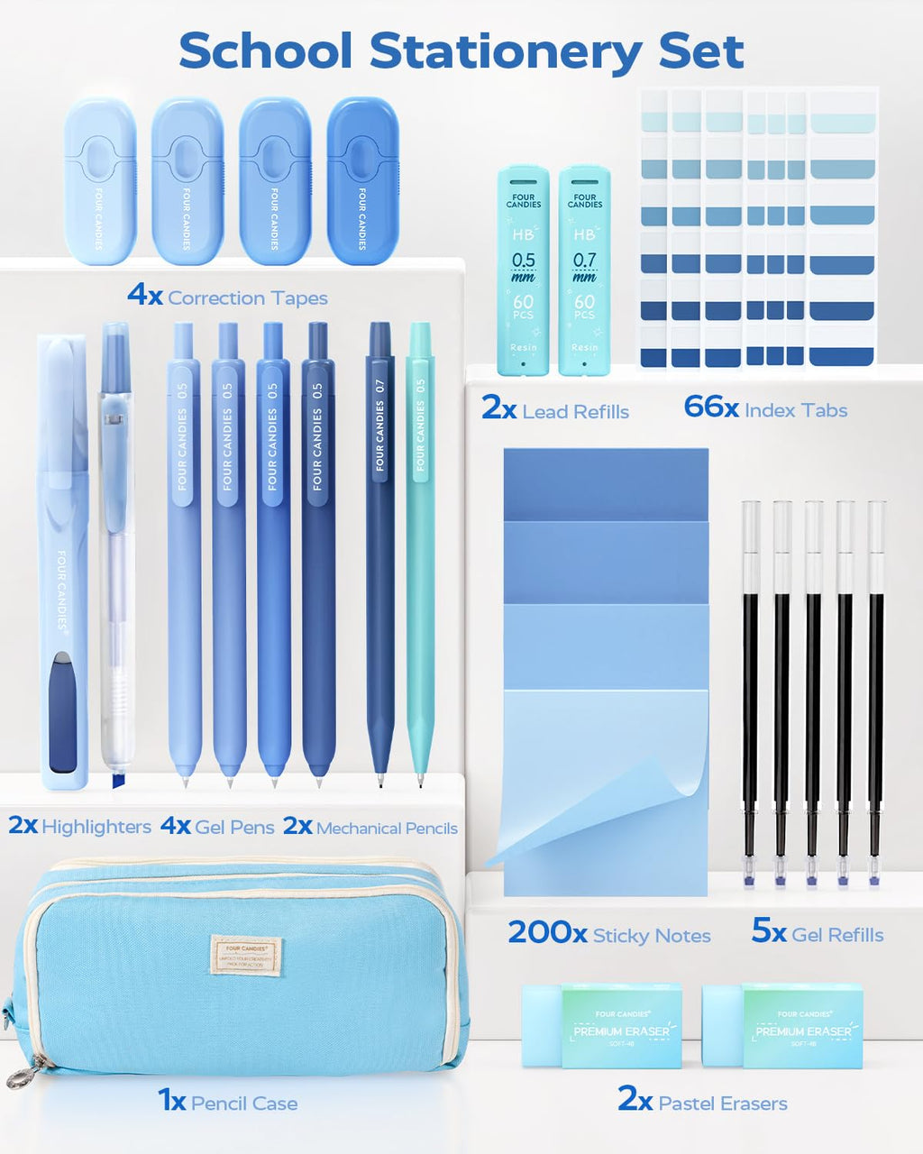 Four Candies Aesthetic Supplies, 4 Gel Pens with Black Ink, 4 Correction Tapes, 2 Pastel Highlighters, 2 Mechanical Pencils, Sticky Notes, Index Post for Bible Supplies Blue