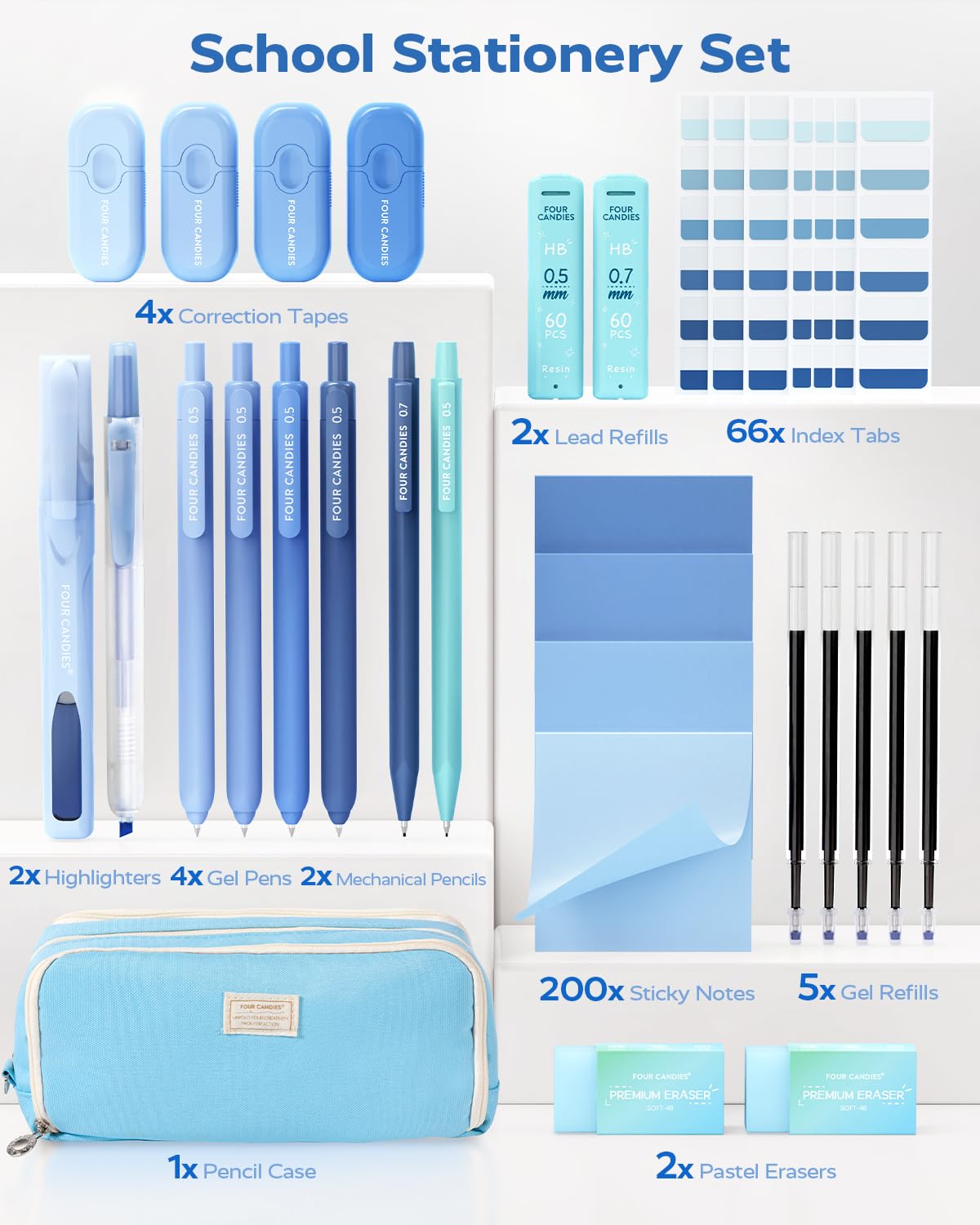 Four Candies Aesthetic Supplies, 4 Gel Pens with Black Ink, 4 Correction Tapes, 2 Pastel Highlighters, 2 Mechanical Pencils, Sticky Notes, Index Post for Bible Supplies Blue