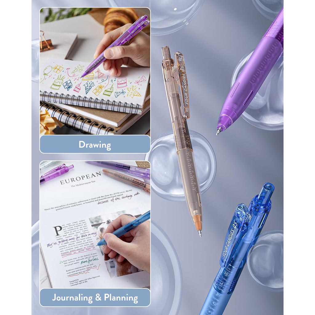 Four Candies 12Pack 0.5mm Quick Dry Retractable Gel Pen Set, Cute Transparent Fine Point Multicolor Note Taking Aesthetic lnk Pens, Comfort Grip 12 Ink Colors Drawing Writing Office Home