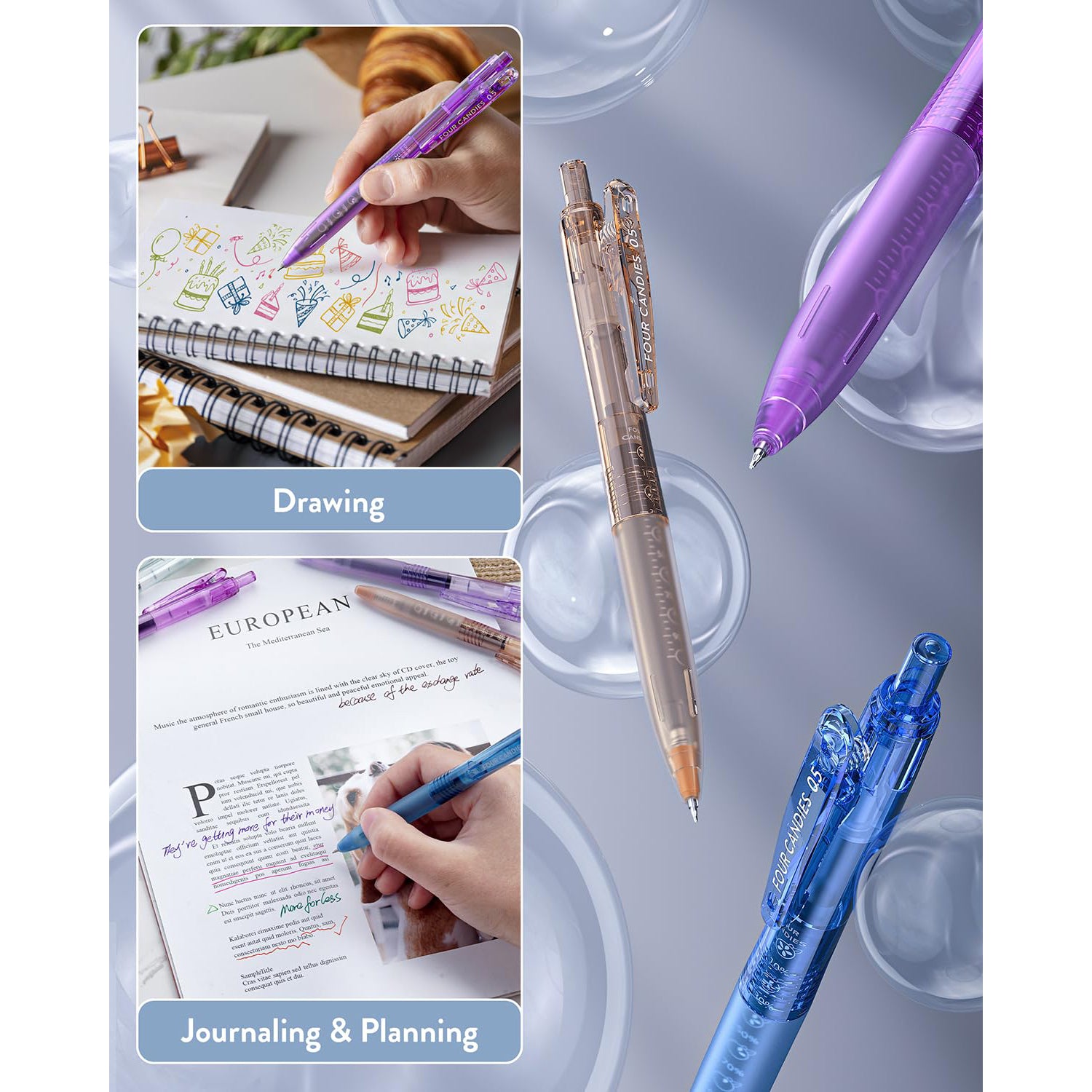 Four Candies 12Pack 0.5mm Quick Dry Retractable Gel Pen Set, Cute Transparent Fine Point Multicolor Note Taking Aesthetic lnk Pens, Comfort Grip 12 Ink Colors Drawing Writing Office Home