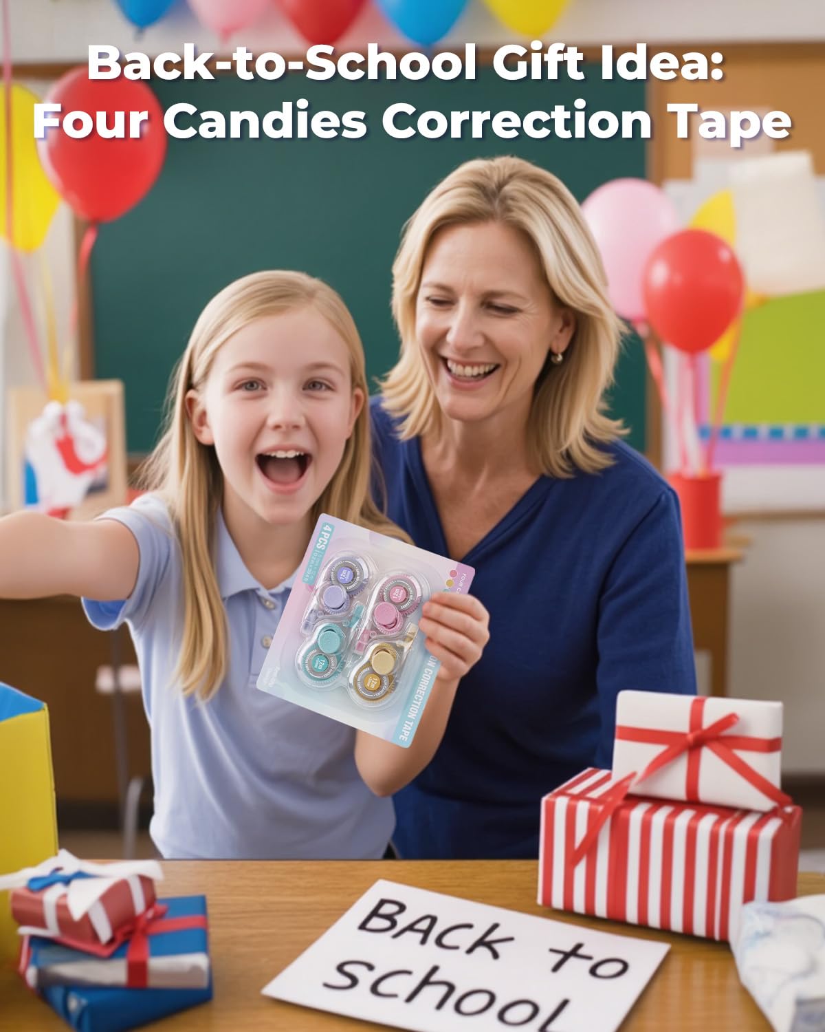 Four Candies White Correction Tape, 39.4 Feet, 4 Pack Easy to Use Applicator for Instant Corrections, Tear-Resistant, Smooth & Quick-Drying Tape