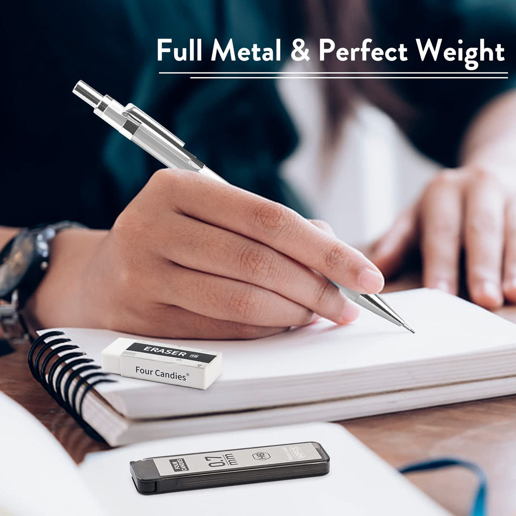 Four Candies 0.7mm Mechanical Pencil Set with Case - 4PCS Metal Mechanical Pencils, 8 Tubes HB #2 Lead Refills, 3PCS 4B Erasers and 9PCS Eraser Refills, for Writing & Drawing