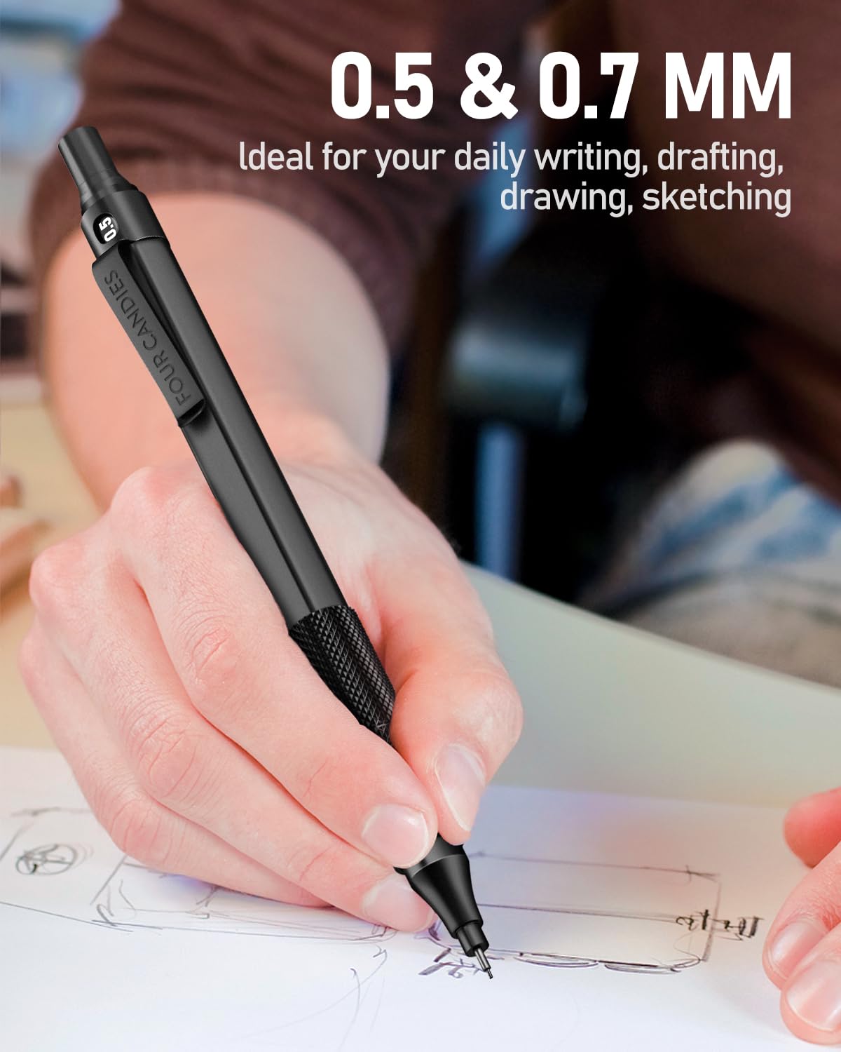 Four Candies 2PCS Metal Mechanical Pencils Set(0.5mm & 0.7 mm) with 6 Tubes (360PCS) HB Lead Refills, 3 Erasers,9 Eraser Refills, Black&Sliver