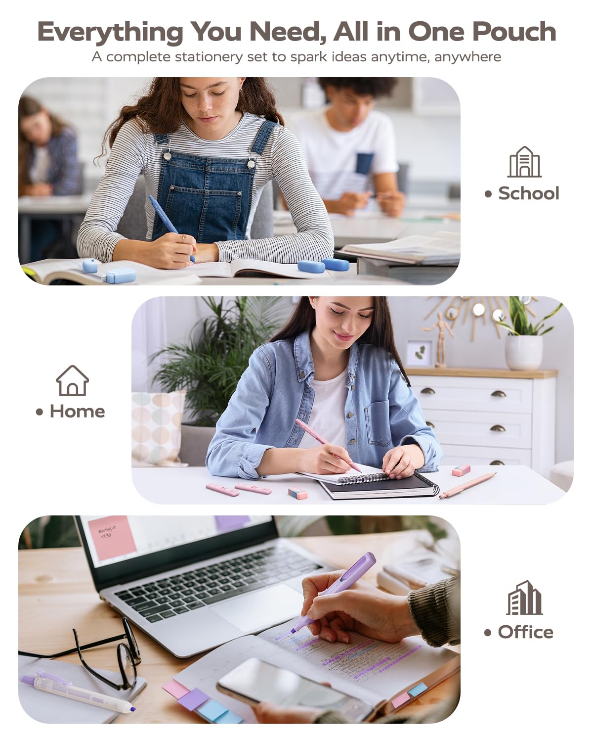 Four Candies Aesthetic Supplies, 4 Gel Pens with Black Ink, 4 Correction Tapes, 2 Pastel Highlighters, 2 Mechanical Pencils, Sticky Notes, Index Post for Bible Supplies with Case Purple