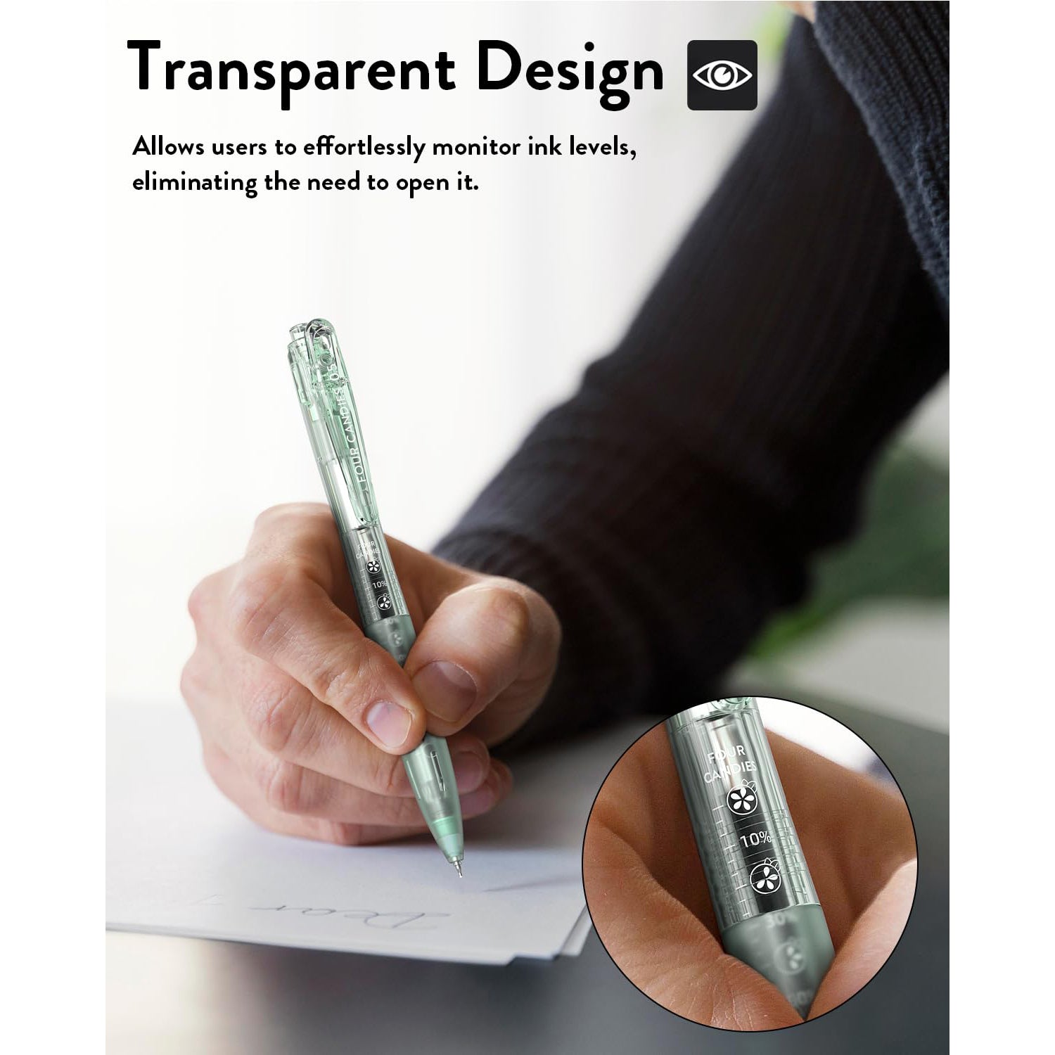 Four Candies 12Pack 0.5mm Black Ink Quick Dry Retractable Gel Pen Set, Cute Transparent Pastel Fine Point Note Taking Aesthetic lnk Pens, Comfort Grip Drawing Writing Office Home (Black)