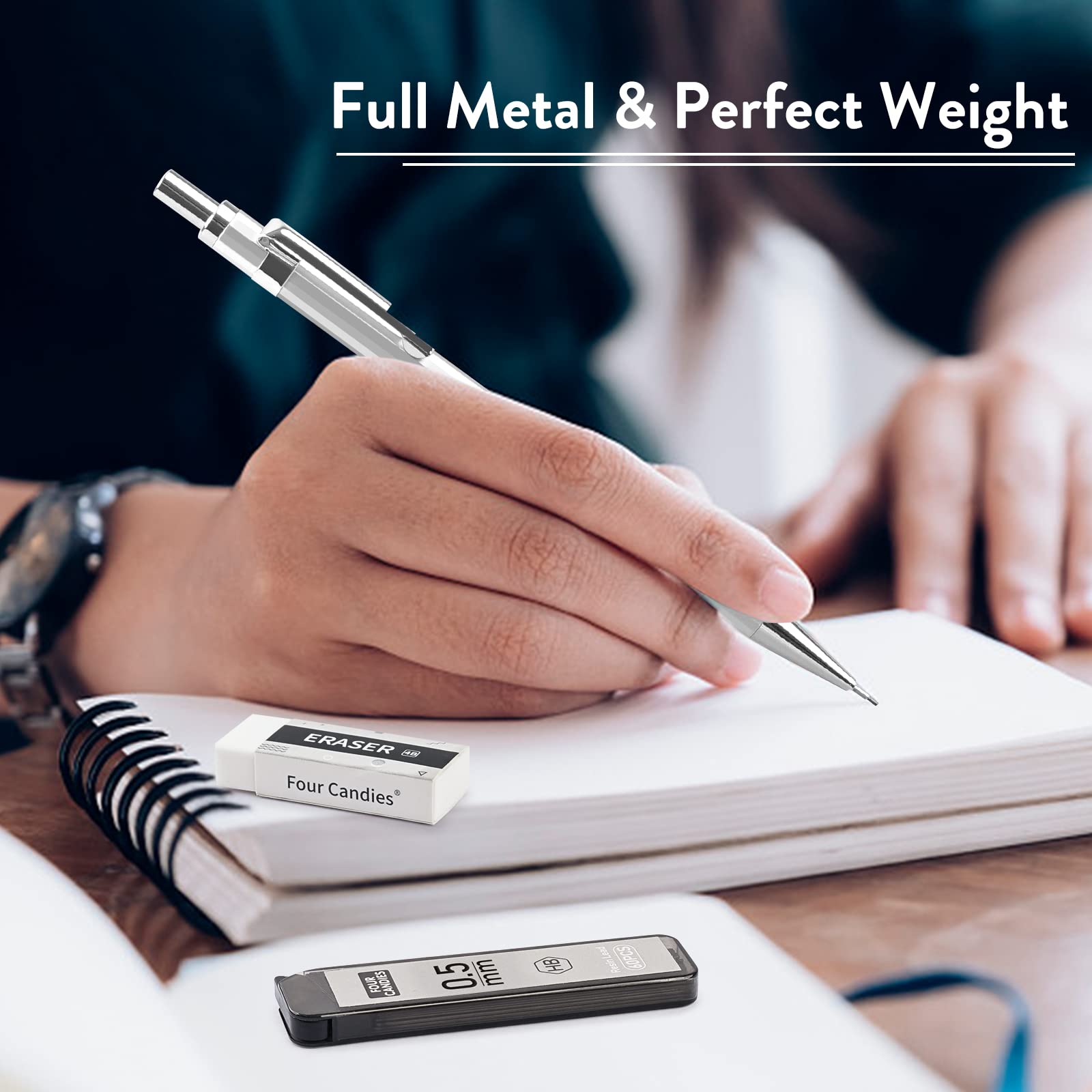 Four Candies 4PCS Metal Mechanical Pencil 0.5mm, 480PCS Lead Refills, 3PCS Erasers, 9PCS Eraser Refills, Lead Mechanical Pencils for Writing, Drawing