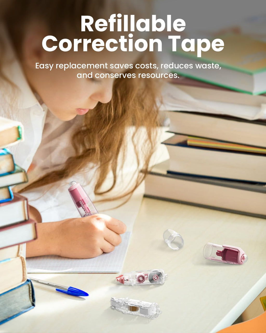 Four Candies Refillable Retractable White Out Correction Tape, 2PCS Cute White Out with 4 Extra Refills, Easy to Use Mini Aesthetic Pen Shaped Applicator for Office Supplies (Pink Apricot)