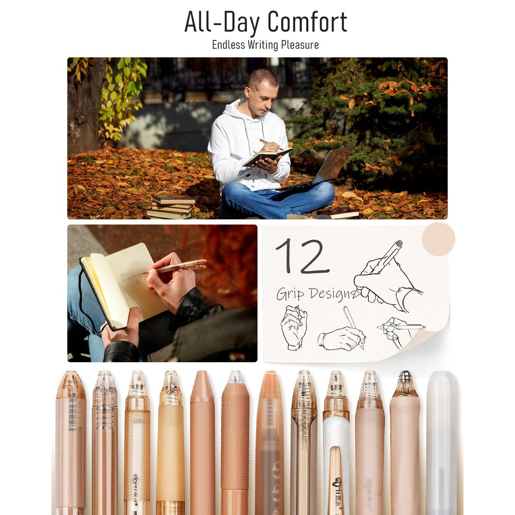 Four Candies Retractable Pen Set, 11Pcs Black Ink Gel Pens(0.5mm), 1Pcs Highlighter, 0.5mm Fine Point for Journaling, Writing and Note-Taking(Brown)